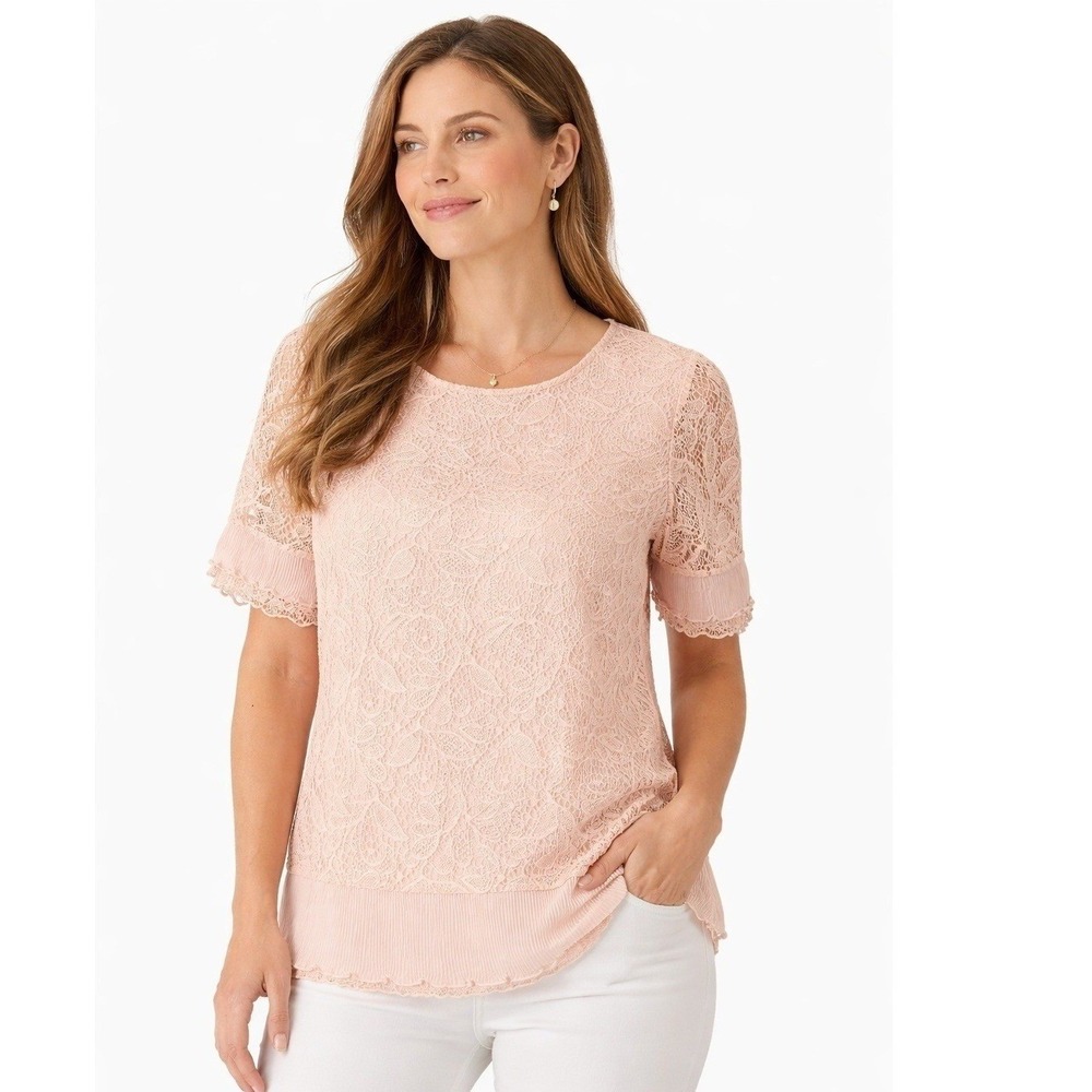 Liz Claiborne Career Blouse Womans S Lace Pink Short Sleeve Scalloped Trim Top
